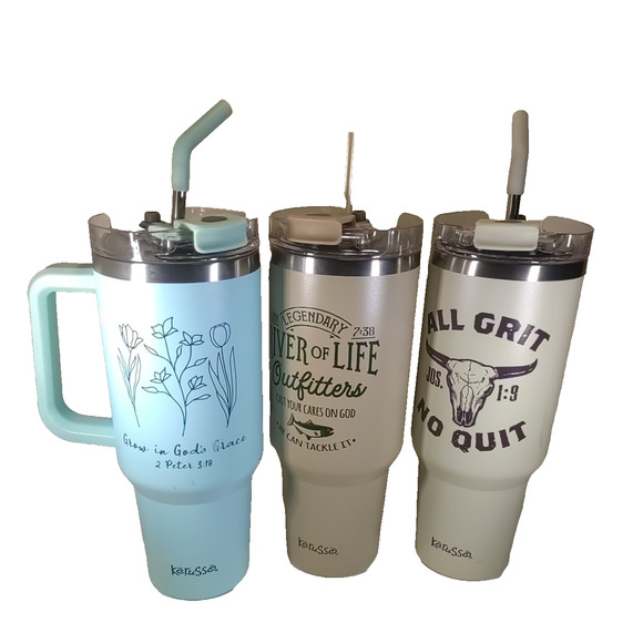 Kerusso 40 Ounce Travel Mugs Stainless Steel Lot Of 3 Blue Tan Gray Religious - Picture 2 of 10